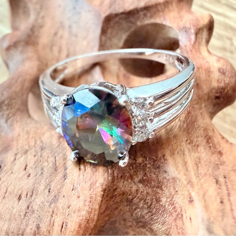 Mystic Topaz Oval Cut Ring With Clear 
Stones Set In Sterling Silver Size 8.5 - Picture 6 of 10